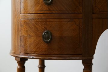 イギリスアンティーク　マホガニー材　パーケットリー(象嵌細工)　丸みを帯びた柔らかなフォルムが魅力的なキドニーデスク(両袖机、ニーホールデスク、コンソールテーブル、ワークデスク、在宅用、在宅ワーク用、英国)(R-077465)