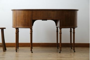 イギリスアンティーク　マホガニー材　パーケットリー(象嵌細工)　丸みを帯びた柔らかなフォルムが魅力的なキドニーデスク(両袖机、ニーホールデスク、コンソールテーブル、ワークデスク、在宅用、在宅ワーク用、英国)(R-077465)