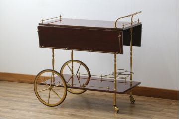 中古　イタリア高級家具　アルド・トゥーラ(ALDO TURA)　シックで艶のある色合いが目を惹くキッチンワゴン(トロリーワゴン、トローリー、ワゴンテーブル、エクステンションテーブル)(R-077473)