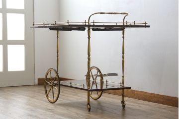 中古　イタリア高級家具　アルド・トゥーラ(ALDO TURA)　シックで艶のある色合いが目を惹くキッチンワゴン(トロリーワゴン、トローリー、ワゴンテーブル、エクステンションテーブル)(R-077473)