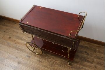 中古　イタリア高級家具　アルド・トゥーラ(ALDO TURA)　シックで艶のある色合いが目を惹くキッチンワゴン(トロリーワゴン、トローリー、ワゴンテーブル、エクステンションテーブル)(R-077473)