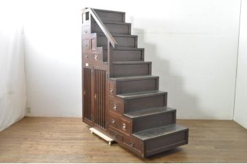 和製アンティーク　美品　美濃地方　檜(ヒノキ)材　希少な手すり付き二段重ね階段箪笥(和タンス、収納箪笥、整理箪笥、時代箪笥)(R-077534)