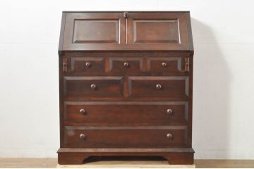 中古　美品　松本民芸家具　T型　シックで上品な佇まいが魅力のライティングビューロー(ワークデスク、簿記机、在宅用、在宅ワーク用、収納棚、戸棚)(定価約46万円)(R-077556)