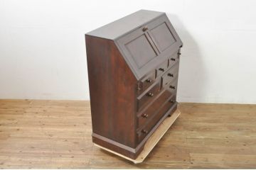 中古　美品　松本民芸家具　T型　シックで上品な佇まいが魅力のライティングビューロー(ワークデスク、簿記机、在宅用、在宅ワーク用、収納棚、戸棚)(定価約46万円)(R-077556)