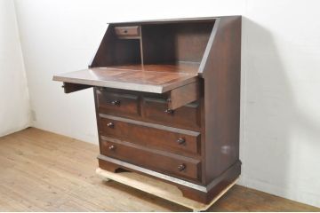 中古　美品　松本民芸家具　T型　シックで上品な佇まいが魅力のライティングビューロー(ワークデスク、簿記机、在宅用、在宅ワーク用、収納棚、戸棚)(定価約46万円)(R-077556)