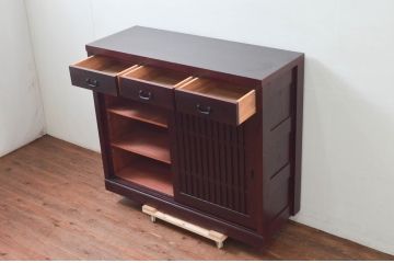 中古　タモ材　上質な和の空間を演出する水屋箪笥サイドボード(サイドキャビネット、収納棚、戸棚、食器棚、茶箪笥)(R-077625)
