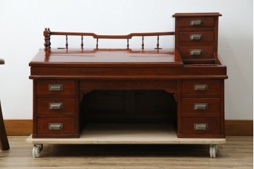 和製アンティーク　高級品!!　総欅(ケヤキ)材　赤みがかった色味が美しい帳場机(簿記机、ライティングビューロー、両袖机、座机、在宅用、在宅ワーク用)(R-077645)