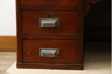 和製アンティーク　高級品!!　総欅(ケヤキ)材　赤みがかった色味が美しい帳場机(簿記机、ライティングビューロー、両袖机、座机、在宅用、在宅ワーク用)(R-077645)