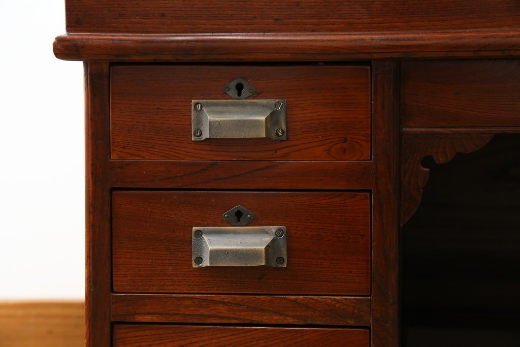 和製アンティーク　高級品!!　総欅(ケヤキ)材　赤みがかった色味が美しい帳場机(簿記机、ライティングビューロー、両袖机、座机、在宅用、在宅ワーク用)(R-077645)