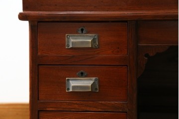 和製アンティーク　高級品!!　総欅(ケヤキ)材　赤みがかった色味が美しい帳場机(簿記机、ライティングビューロー、両袖机、座机、在宅用、在宅ワーク用)(R-077645)