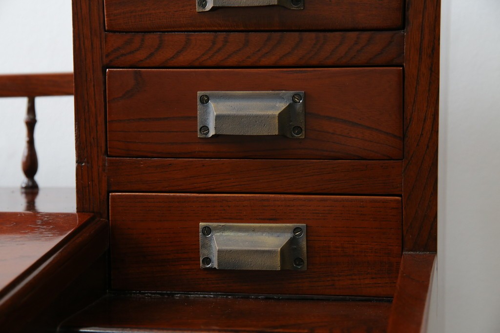 和製アンティーク　高級品!!　総欅(ケヤキ)材　赤みがかった色味が美しい帳場机(簿記机、ライティングビューロー、両袖机、座机、在宅用、在宅ワーク用)(R-077645)