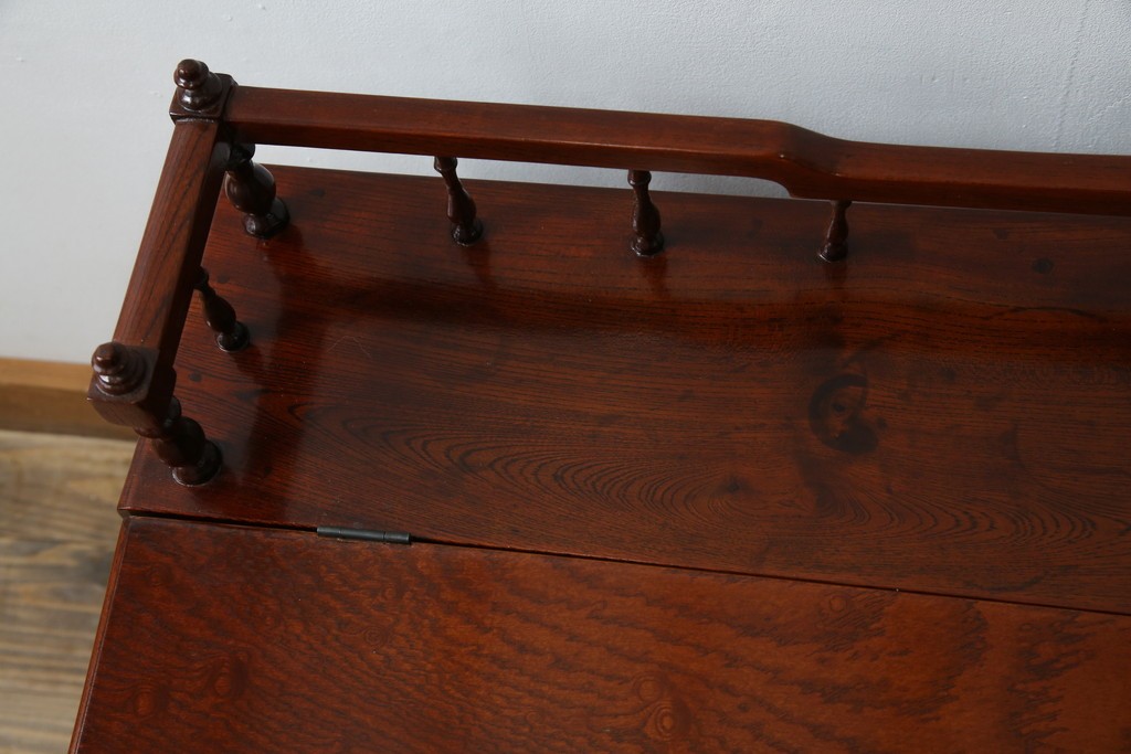 和製アンティーク　高級品!!　総欅(ケヤキ)材　赤みがかった色味が美しい帳場机(簿記机、ライティングビューロー、両袖机、座机、在宅用、在宅ワーク用)(R-077645)