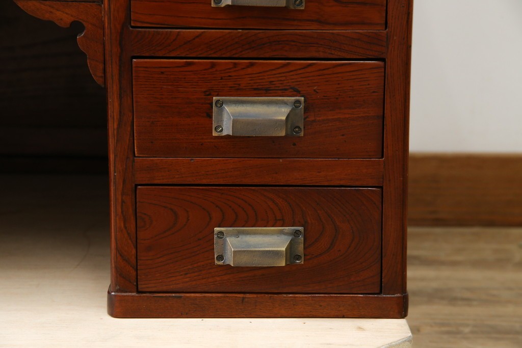 和製アンティーク　高級品!!　総欅(ケヤキ)材　赤みがかった色味が美しい帳場机(簿記机、ライティングビューロー、両袖机、座机、在宅用、在宅ワーク用)(R-077645)