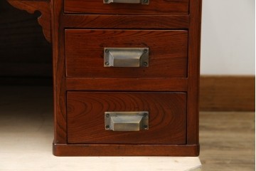 和製アンティーク　高級品!!　総欅(ケヤキ)材　赤みがかった色味が美しい帳場机(簿記机、ライティングビューロー、両袖机、座机、在宅用、在宅ワーク用)(R-077645)