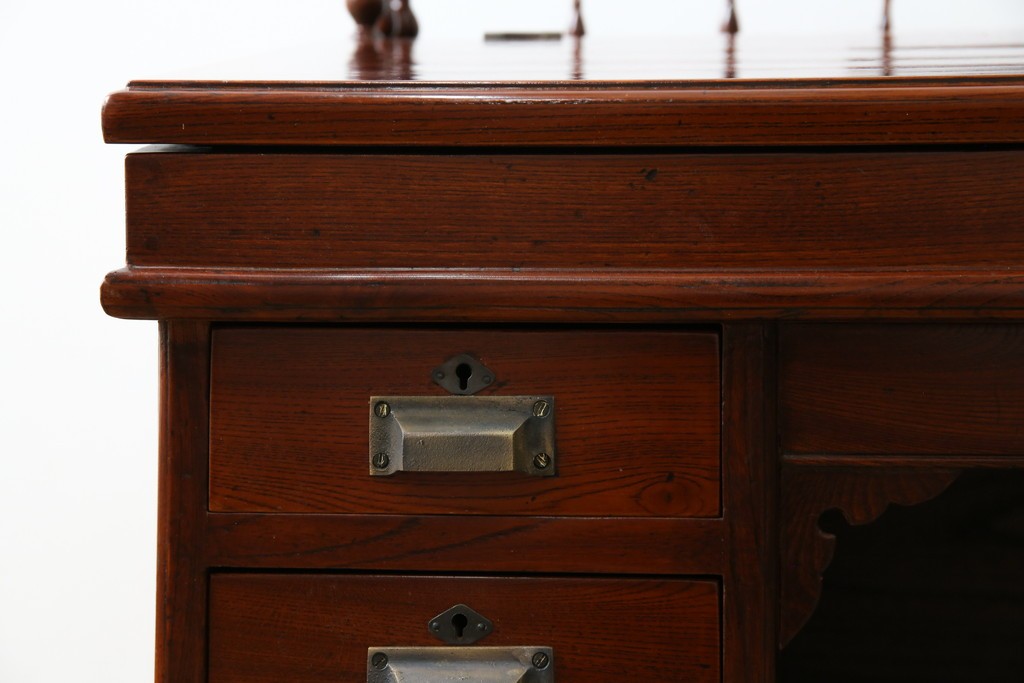 和製アンティーク　高級品!!　総欅(ケヤキ)材　赤みがかった色味が美しい帳場机(簿記机、ライティングビューロー、両袖机、座机、在宅用、在宅ワーク用)(R-077645)