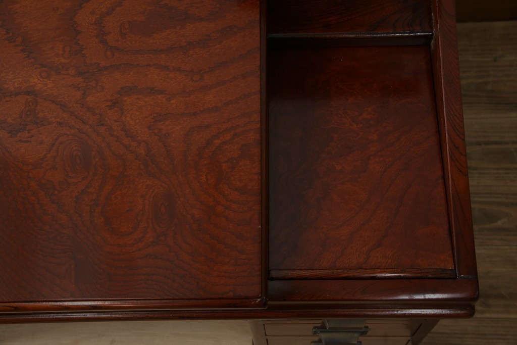 和製アンティーク　高級品!!　総欅(ケヤキ)材　赤みがかった色味が美しい帳場机(簿記机、ライティングビューロー、両袖机、座机、在宅用、在宅ワーク用)(R-077645)