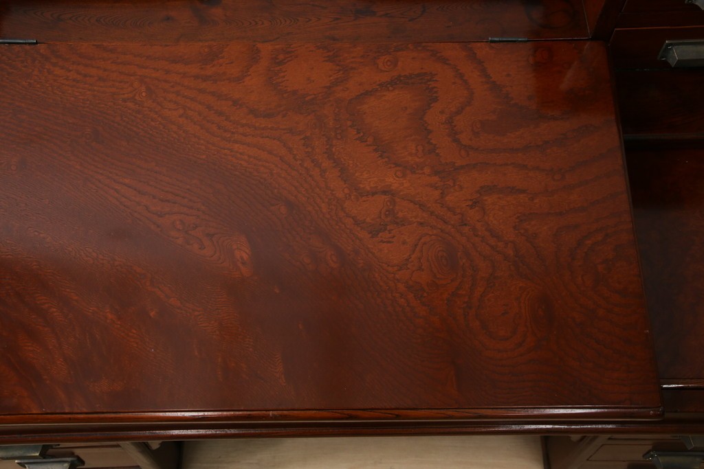 和製アンティーク　高級品!!　総欅(ケヤキ)材　赤みがかった色味が美しい帳場机(簿記机、ライティングビューロー、両袖机、座机、在宅用、在宅ワーク用)(R-077645)