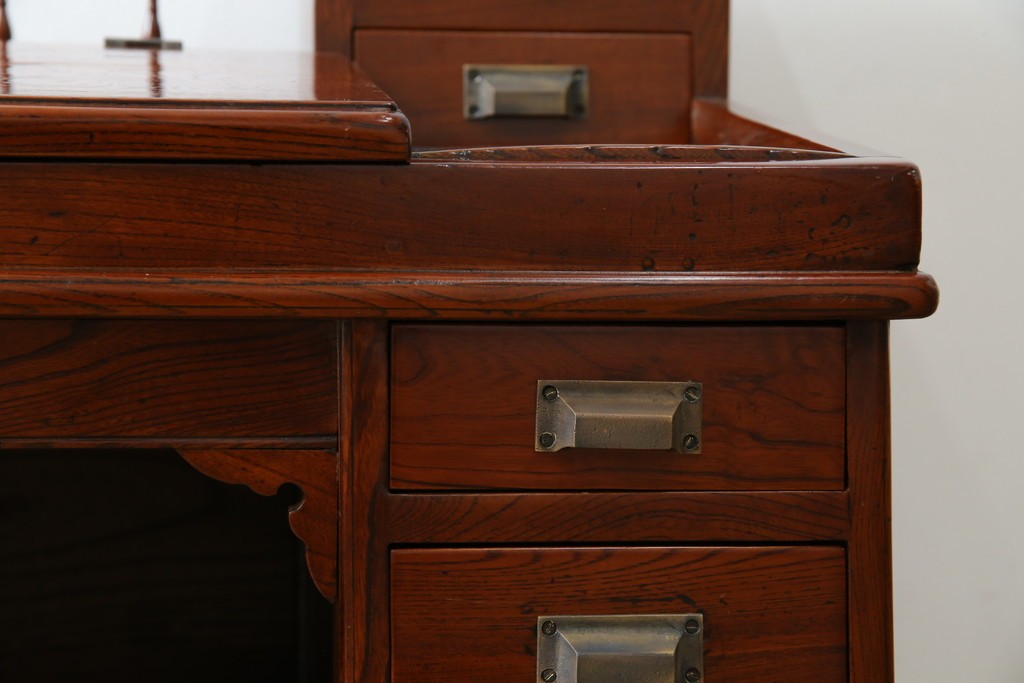 和製アンティーク　高級品!!　総欅(ケヤキ)材　赤みがかった色味が美しい帳場机(簿記机、ライティングビューロー、両袖机、座机、在宅用、在宅ワーク用)(R-077645)