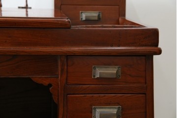 和製アンティーク　高級品!!　総欅(ケヤキ)材　赤みがかった色味が美しい帳場机(簿記机、ライティングビューロー、両袖机、座机、在宅用、在宅ワーク用)(R-077645)