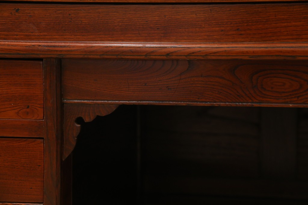 和製アンティーク　高級品!!　総欅(ケヤキ)材　赤みがかった色味が美しい帳場机(簿記机、ライティングビューロー、両袖机、座机、在宅用、在宅ワーク用)(R-077645)