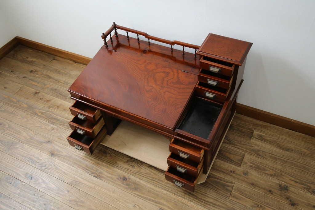 和製アンティーク　高級品!!　総欅(ケヤキ)材　赤みがかった色味が美しい帳場机(簿記机、ライティングビューロー、両袖机、座机、在宅用、在宅ワーク用)(R-077645)