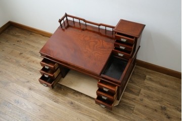 和製アンティーク　高級品!!　総欅(ケヤキ)材　赤みがかった色味が美しい帳場机(簿記机、ライティングビューロー、両袖机、座机、在宅用、在宅ワーク用)(R-077645)