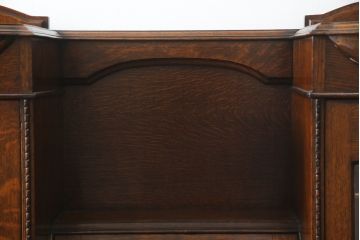 イギリスアンティーク　上手物　オーク材　ステンドグラス入り　こだわりを感じるデザインが魅力的なサイドバイサイドビューローブックケース(ライティングビューロー、キャビネット、サイドボード、デスク、机、在宅用、在宅ワーク用、収納棚、戸棚、英国)(R-077672)