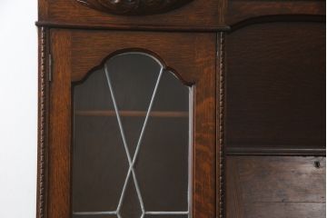 イギリスアンティーク　上手物　オーク材　ステンドグラス入り　こだわりを感じるデザインが魅力的なサイドバイサイドビューローブックケース(ライティングビューロー、キャビネット、サイドボード、デスク、机、在宅用、在宅ワーク用、収納棚、戸棚、英国)(R-077672)