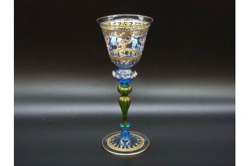 イタリア　ムラノガラス　ベネチアンガラス　金彩と鮮やかな色彩で絵付けされた豪華なワイングラス(ヴェネチアングラス、MURANO、ムラーノガラス、作家物)(R-077677)