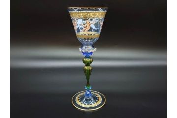イタリア　ムラノガラス　ベネチアンガラス　金彩と鮮やかな色彩で絵付けされた豪華なワイングラス(ヴェネチアングラス、MURANO、ムラーノガラス、作家物)(R-077677)