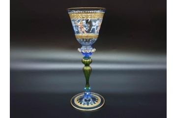 イタリア　ムラノガラス　ベネチアンガラス　金彩と鮮やかな色彩で絵付けされた豪華なワイングラス(ヴェネチアングラス、MURANO、ムラーノガラス、作家物)(R-077677)