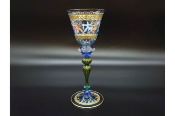 イタリア　ムラノガラス　ベネチアンガラス　金彩と鮮やかな色彩で絵付けされた豪華なワイングラス(ヴェネチアングラス、MURANO、ムラーノガラス、作家物)(R-077677)