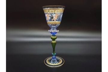 イタリア　ムラノガラス　ベネチアンガラス　金彩と鮮やかな色彩で絵付けされた豪華なワイングラス(ヴェネチアングラス、MURANO、ムラーノガラス、作家物)(R-077677)