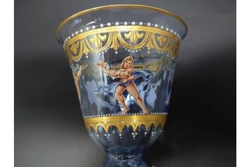 イタリア　ムラノガラス　ベネチアンガラス　金彩と鮮やかな色彩で絵付けされた豪華なワイングラス(ヴェネチアングラス、MURANO、ムラーノガラス、作家物)(R-077677)