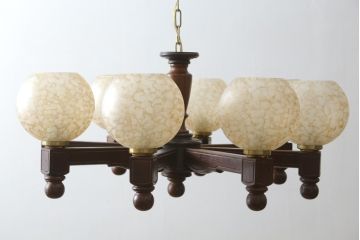 和製ビンテージ　松下電工(ナショナル)　木製のクラシックな八灯シャンデリア(天井照明、吊り下げ照明、ヴィンテージ)(R-077712)