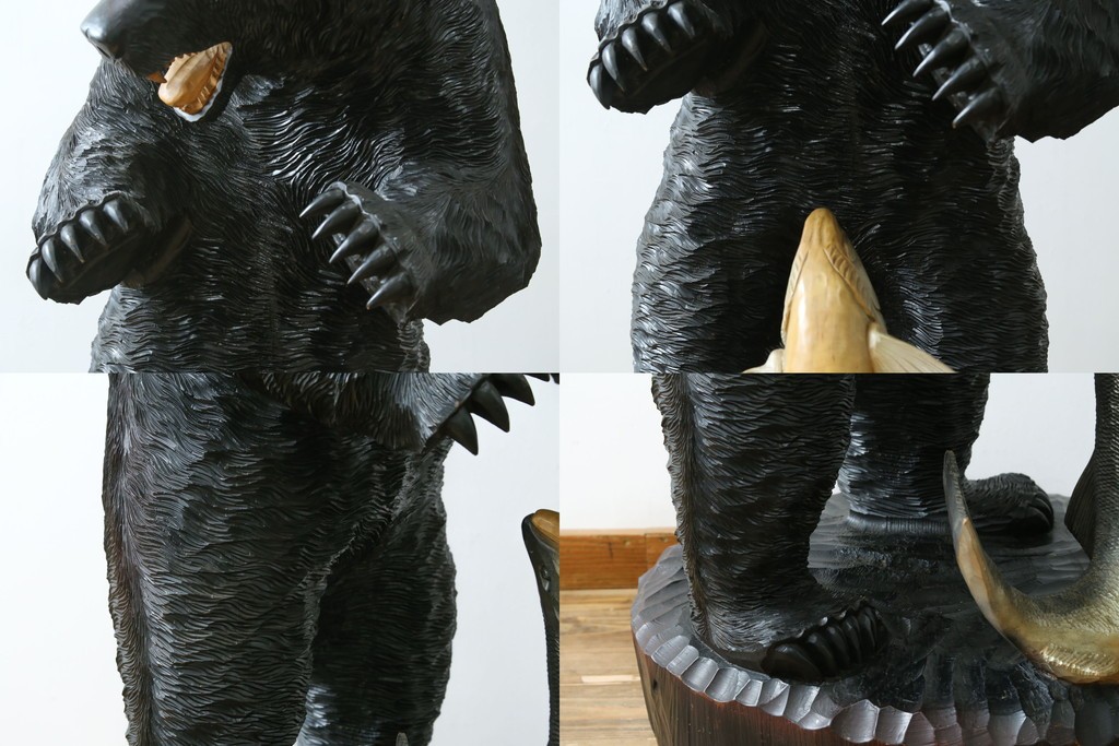 特大サイズ　高さ1m23cm　細部にまで彫り込まれた臨場感あふれる木彫りの熊　(R-077723)