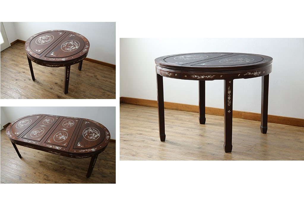 和製ビンテージ　高級品!!　花梨(カリン)材　象嵌入り　華やかな螺鈿(ラデン)細工が美しいエクステンションテーブル　(R-077727)