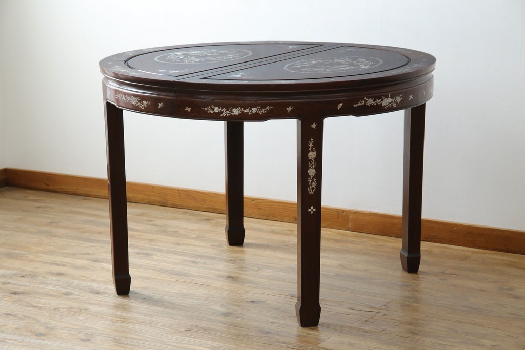 和製ビンテージ　高級品!!　花梨(カリン)材　象嵌入り　華やかな螺鈿(ラデン)細工が美しいエクステンションテーブル　(R-077727)