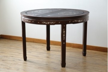 和製ビンテージ　高級品!!　花梨(カリン)材　象嵌入り　華やかな螺鈿(ラデン)細工が美しいエクステンションテーブル　(R-077727)