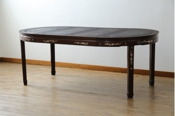 和製ビンテージ　高級品!!　花梨(カリン)材　象嵌入り　華やかな螺鈿(ラデン)細工が美しいエクステンションテーブル　(R-077727)