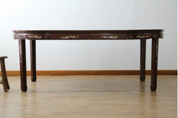 和製ビンテージ　高級品!!　花梨(カリン)材　象嵌入り　華やかな螺鈿(ラデン)細工が美しいエクステンションテーブル　(R-077727)