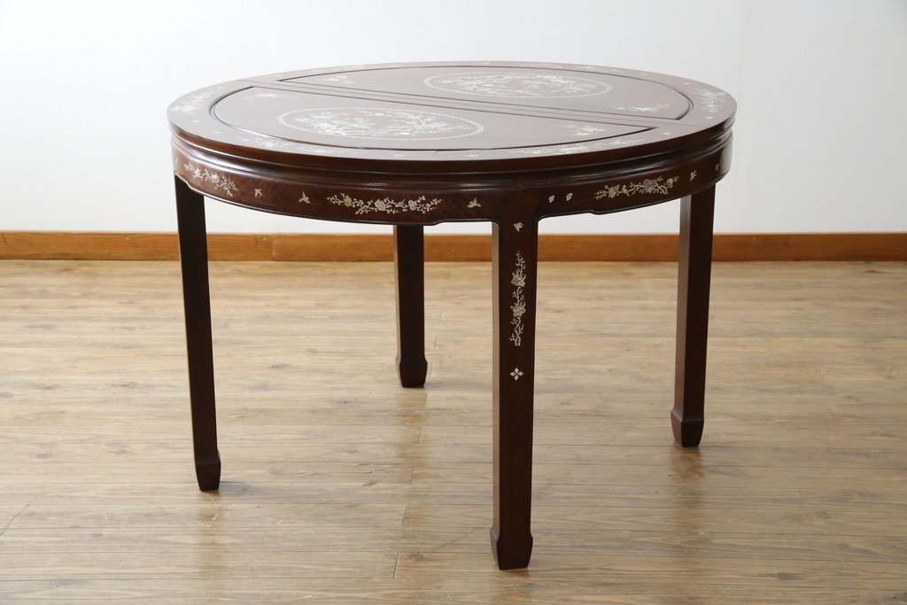 和製ビンテージ　高級品!!　花梨(カリン)材　象嵌入り　華やかな螺鈿(ラデン)細工が美しいエクステンションテーブル　(R-077727)