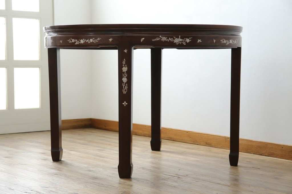 和製ビンテージ　高級品!!　花梨(カリン)材　象嵌入り　華やかな螺鈿(ラデン)細工が美しいエクステンションテーブル　(R-077727)