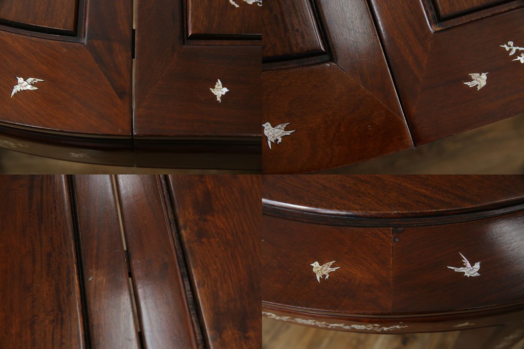 和製ビンテージ　高級品!!　花梨(カリン)材　象嵌入り　華やかな螺鈿(ラデン)細工が美しいエクステンションテーブル　(R-077727)