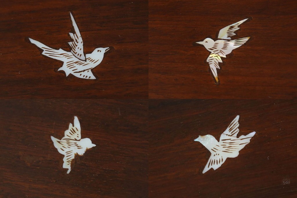 和製ビンテージ　高級品!!　花梨(カリン)材　象嵌入り　華やかな螺鈿(ラデン)細工が美しいエクステンションテーブル　(R-077727)