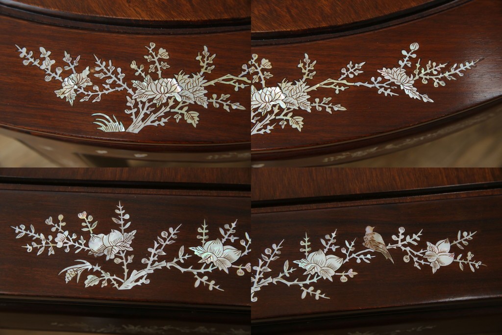 和製ビンテージ　高級品!!　花梨(カリン)材　象嵌入り　華やかな螺鈿(ラデン)細工が美しいエクステンションテーブル　(R-077727)