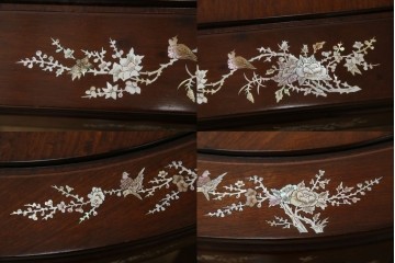 和製ビンテージ　高級品!!　花梨(カリン)材　象嵌入り　華やかな螺鈿(ラデン)細工が美しいエクステンションテーブル　(R-077727)