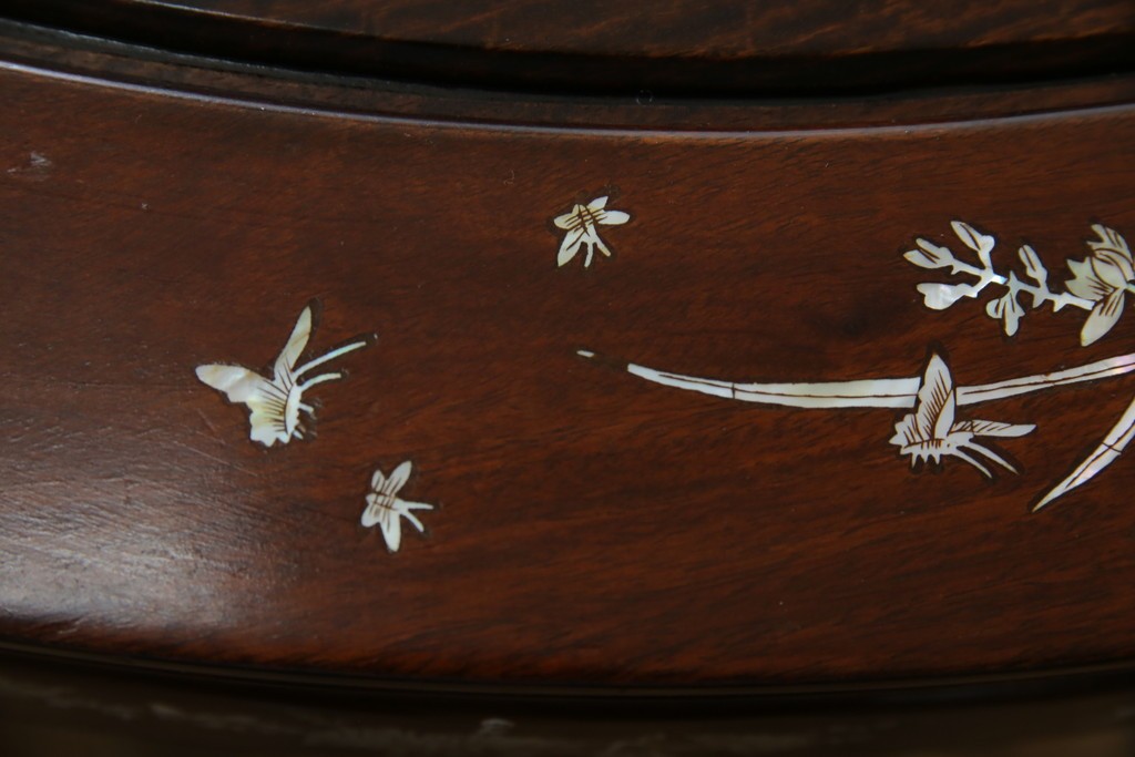 和製ビンテージ　高級品!!　花梨(カリン)材　象嵌入り　華やかな螺鈿(ラデン)細工が美しいエクステンションテーブル　(R-077727)