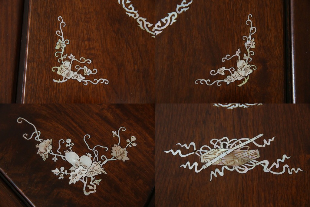 和製ビンテージ　高級品!!　花梨(カリン)材　象嵌入り　華やかな螺鈿(ラデン)細工が美しいエクステンションテーブル　(R-077727)