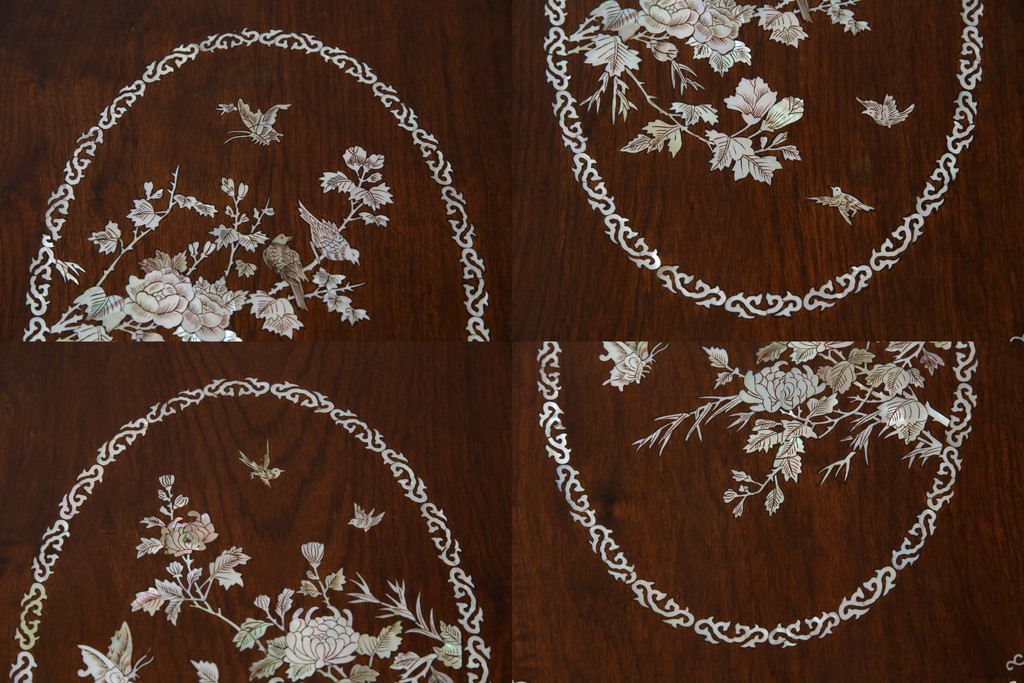 和製ビンテージ　高級品!!　花梨(カリン)材　象嵌入り　華やかな螺鈿(ラデン)細工が美しいエクステンションテーブル　(R-077727)